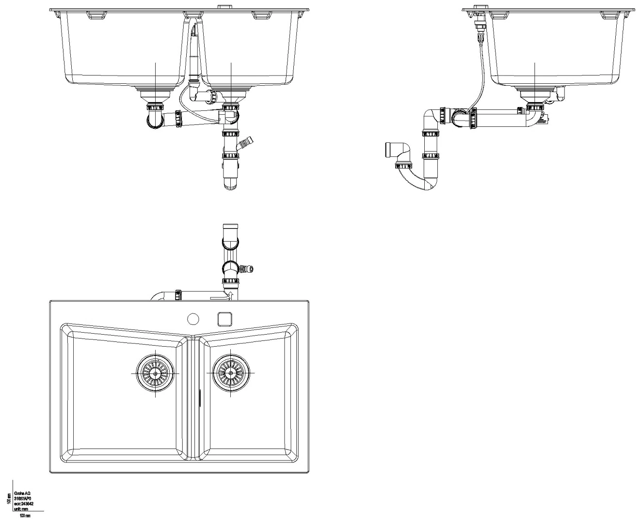 GROHE Kompositspüle K700 31657 2 Becken 838x559mm Einbau links granit schwarz