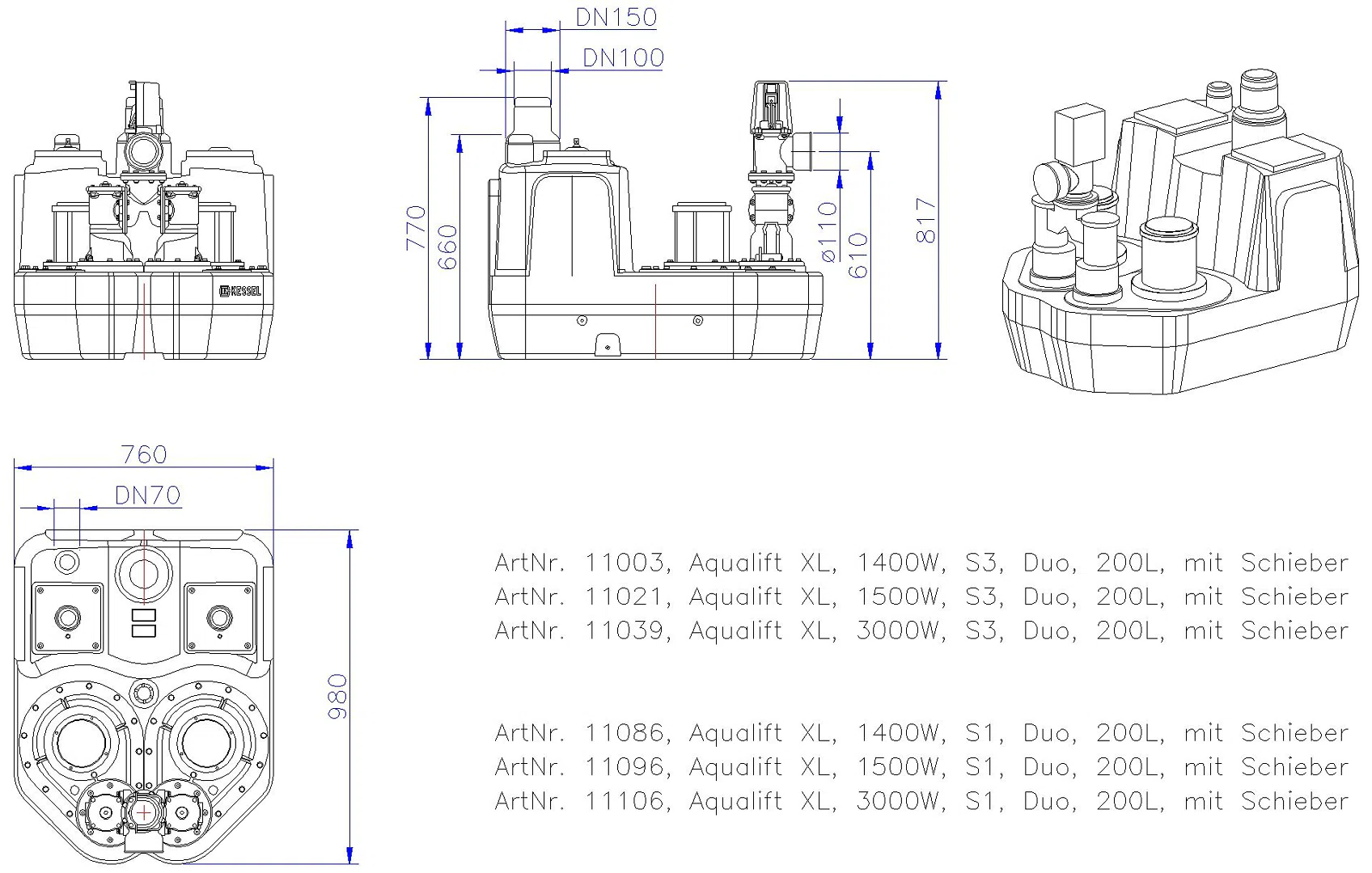 KESSEL-Doppelhebeanlage Aqualift F XL 3000W-S3 Duo 200L m.S.