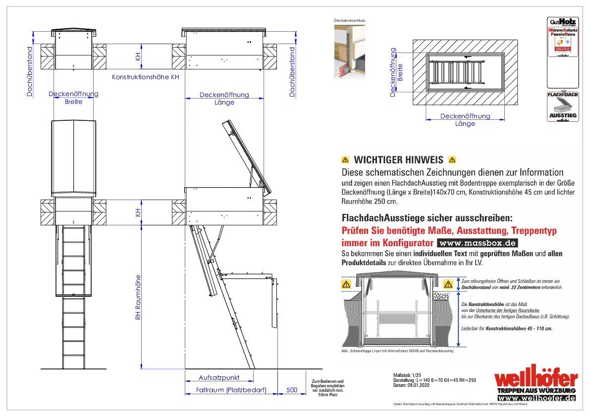 FlachdachAusstieg mit Bodentreppe GutHolz WärmeSchutz WSPH Passivhaus