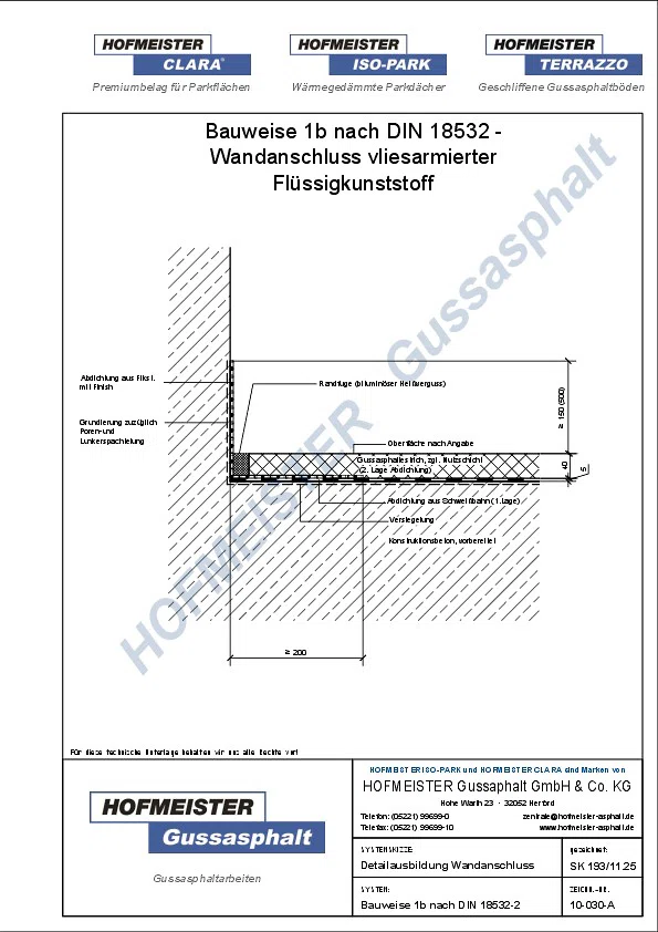 Gussasphalt Wandanschlussdetail - vliesarmiertem Flüssigkunststoff 1 lagig