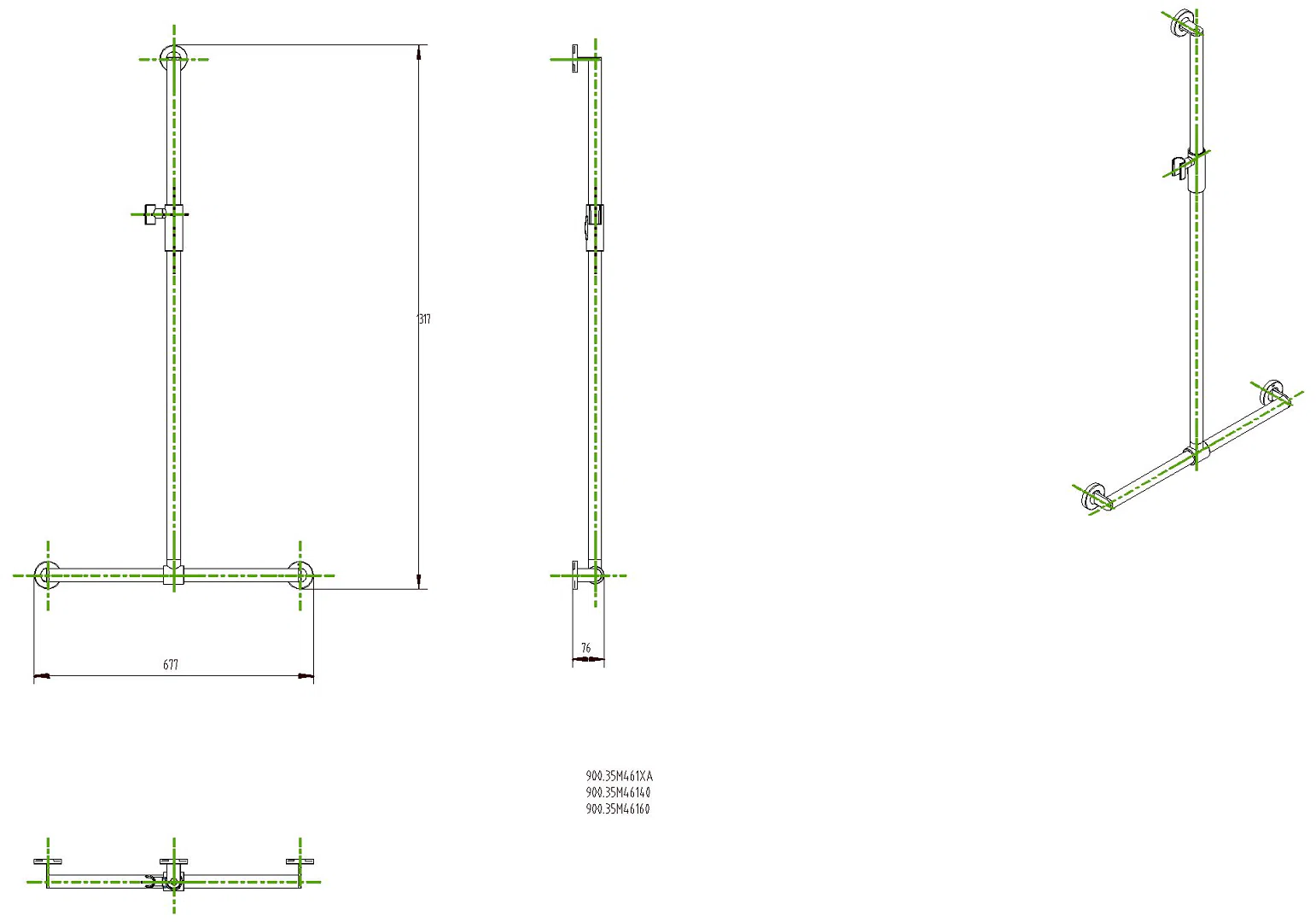 HEWI DUHA, d:32, A1:1250. W1:610, PVD, Br.H.mag. messing glzd