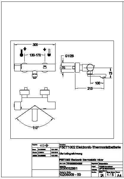 Wandbatterie, F5, elek., Thermostat, Schwenkauslauf, 215 mm, Batterie, F5ET1002