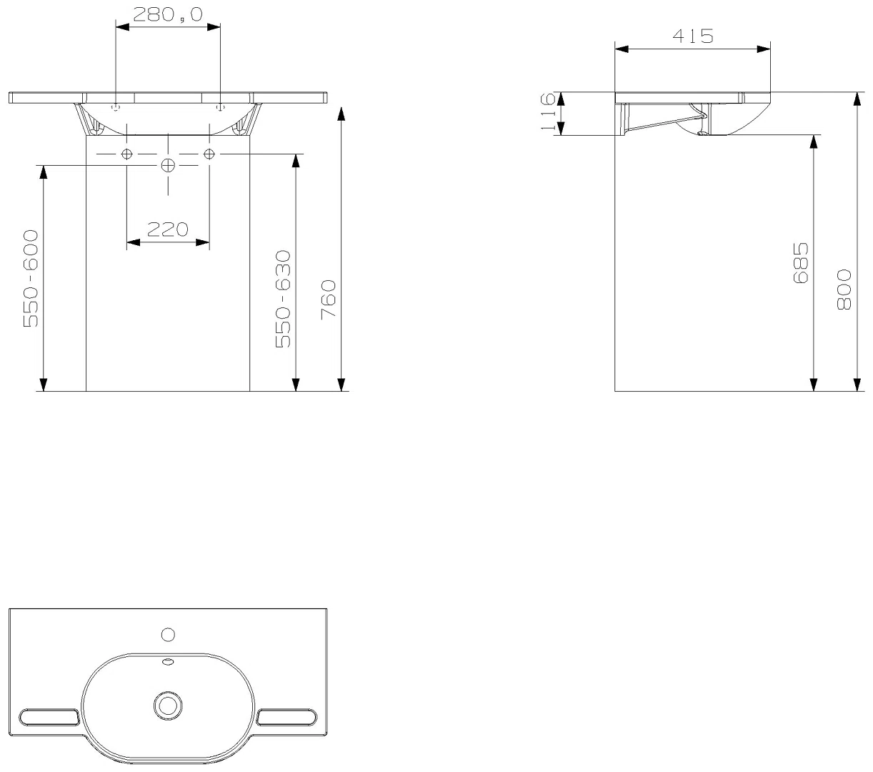 HEWI Waschtisch mit Griffmulden 850 x 415mm, mit Überlauf, 1 Hahnloch
