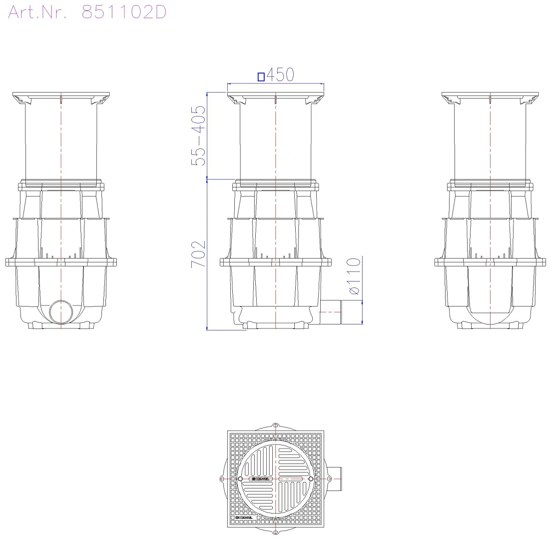 KESSEL-Hofablauf System 400 DN100,seitl., Klasse D, T: 730-1080