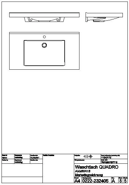 Einzelwaschtisch, QUADRO, MIRANIT, 1000x125x530 mm, Mulde re-eckig, Hl., ANMW416