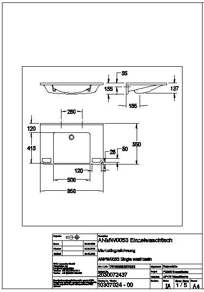 Einzelwaschtisch, MEDCARE, MIRANIT, 850x150x550 mm, weiß, Griff, ANMW0053
