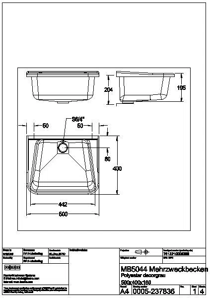 Mehrzweckbecken, SIRIUS, GFK, 500x220x400 mm, weiß, MB5040