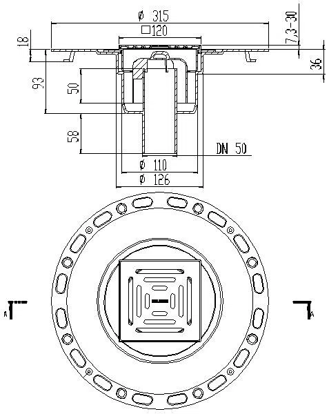 DALLMER Bodenablauf TistoPlan K 12 senkrecht, DN 50, 120 x 120 mm