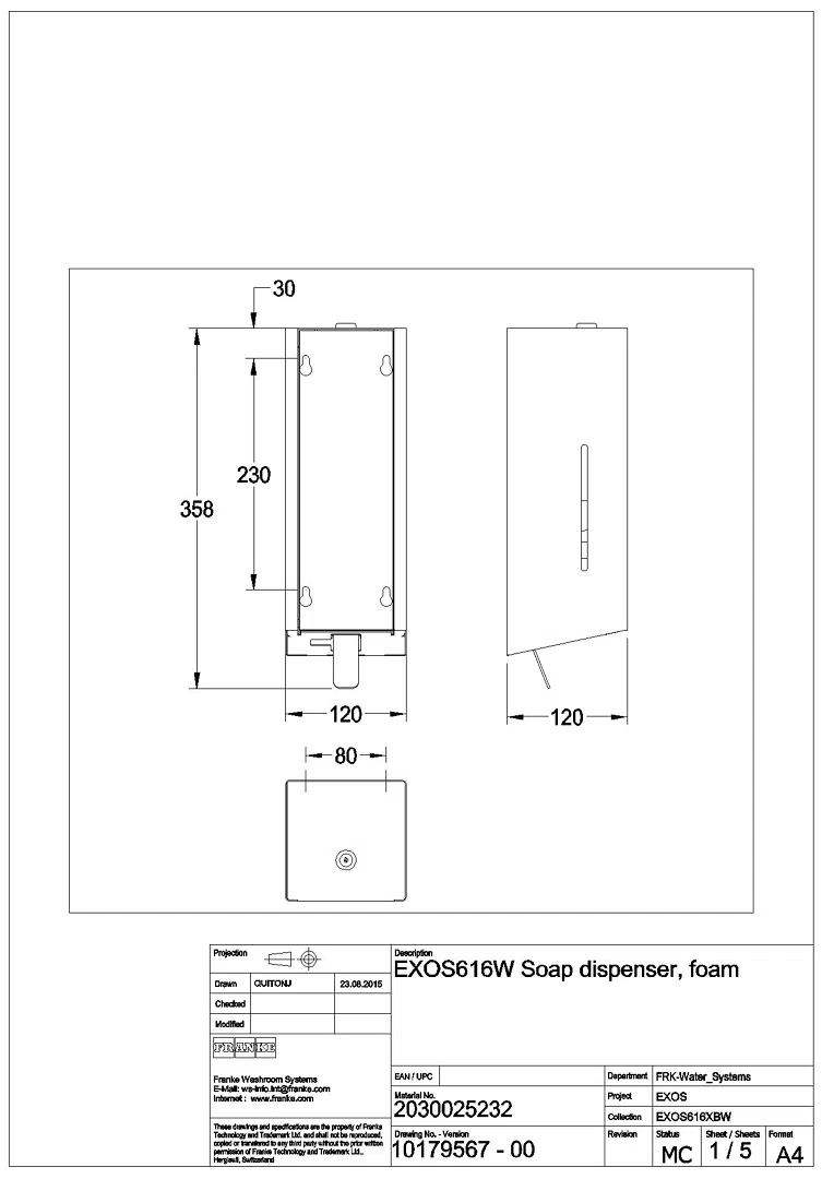 Schaumseifenspender, EXOS, Edelstahl, AP, 120x326x120 mm, Front ESG weiß, EXOS616W
