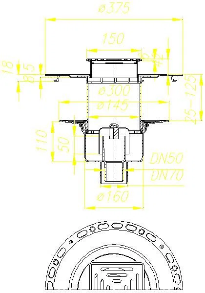 DALLMER Dünnbett-Bodenablauf 61 HT/VC, DN 50/DN 70, 150 x 150 mm