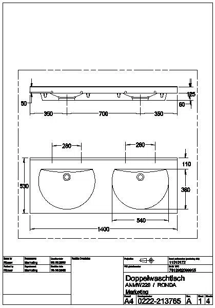 Doppelwaschtisch, RONDA, MIRANIT, 1400x125x530 mm, Mulden rund, ANMW220