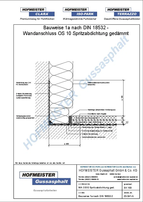 Gussasphalt Wandanschlussdetail - OS10 Spritzabdichtung gedämmt