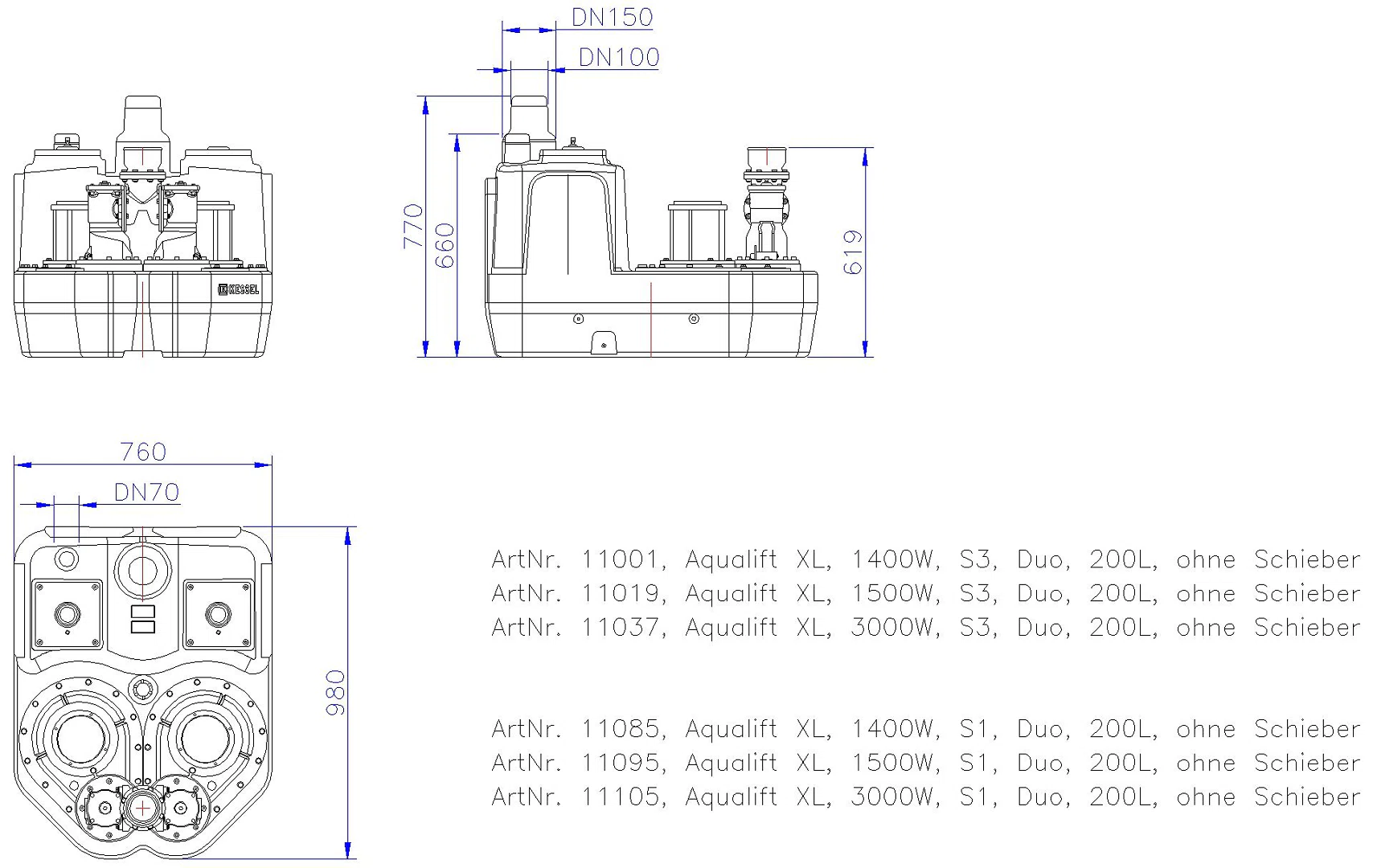 KESSEL-Hebeanlage Aqualift F XL 200 l Duo, SPF 3000-S3