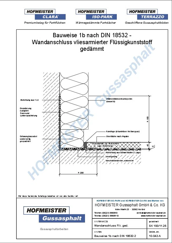 Gussasphalt Wandanschlussdetail - vliesarmierter Flüssigkunststoff gedämmt 1 lagig