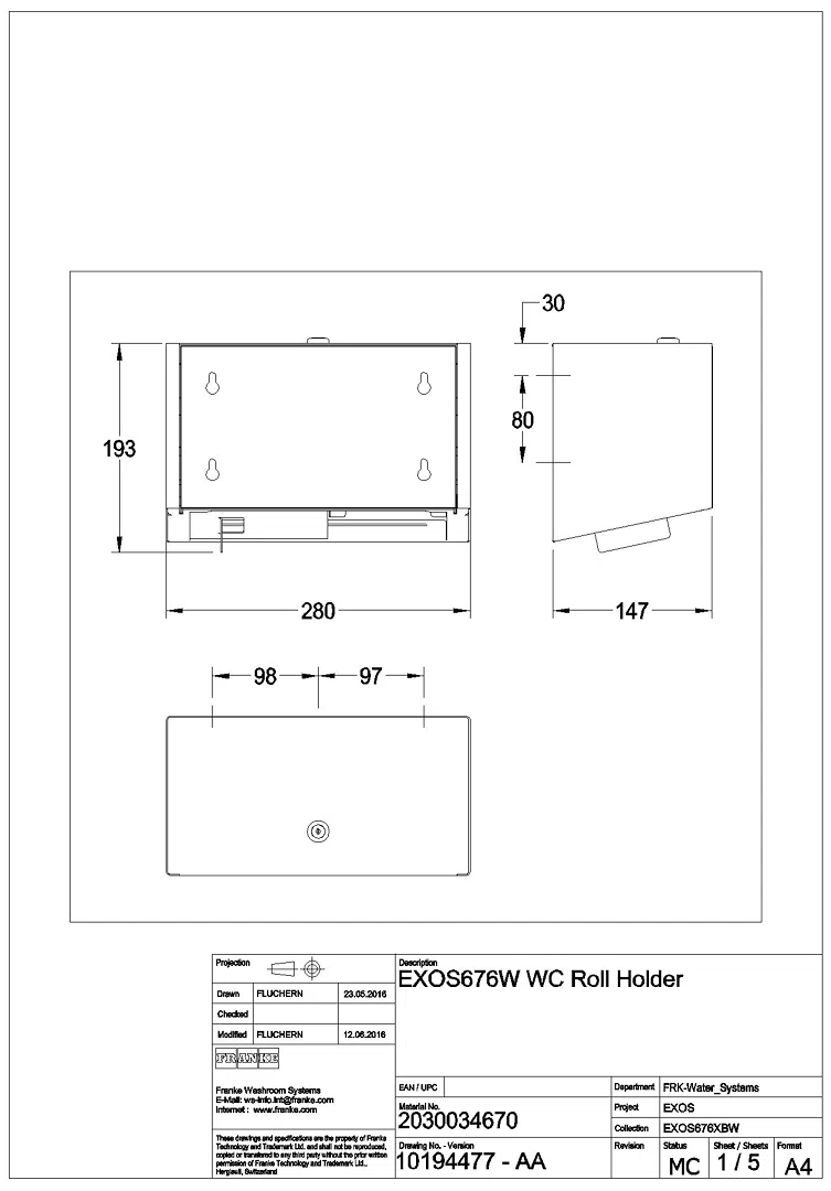 WC-Doppelrollenhalter, EXOS, Edst., 280x193x147 mm, AP, Front ESG weiß, EXOS676W