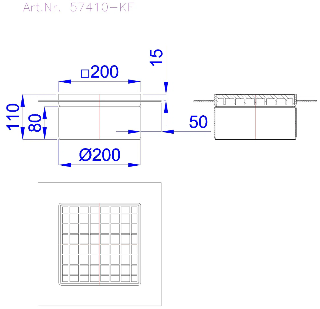 KESSEL-Aufsatzstück Ferrofix Klebefl. Sys 200, Gitterrost, V2A, 200 x 200 mm