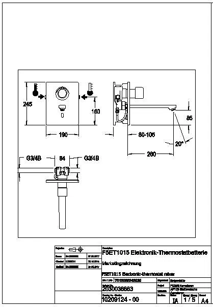 Wascharmatur, F5, elek., Thermostat, UP, F-Set, Ausld. 260mm, 6l, f. Netzteil, F5ET1015