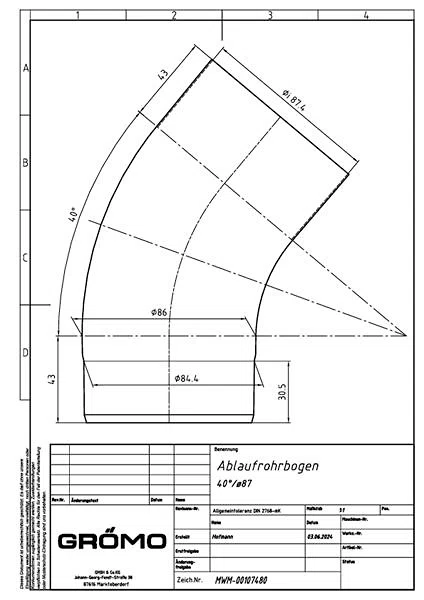 Kupfer Rohrbogen 40° ø87, #Art.Nr. 60017