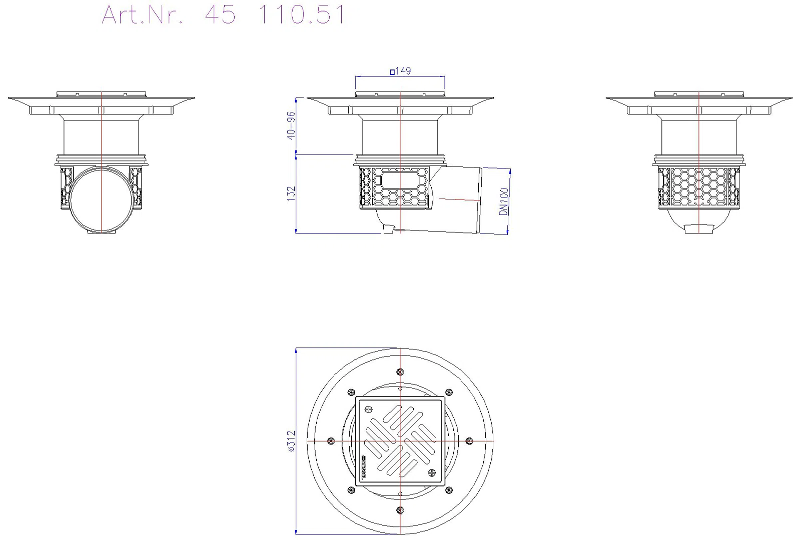 KESSEL-Boden-/Deckenablauf Practicus DN 100, seitl., Variofix, Schlitzrost