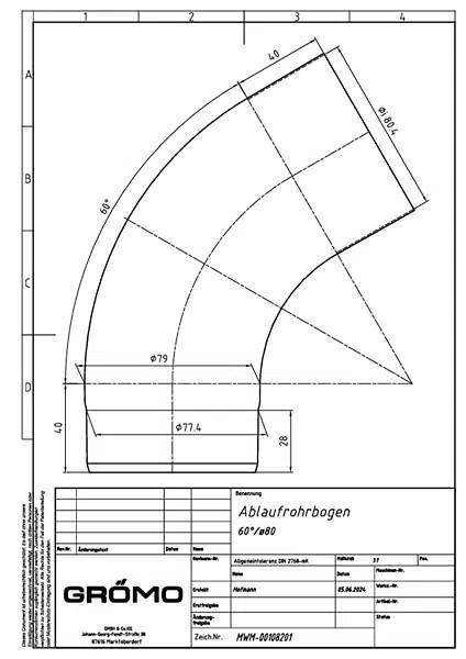 Zink Rohrbogen 60° ø80, #Art.Nr. 62028