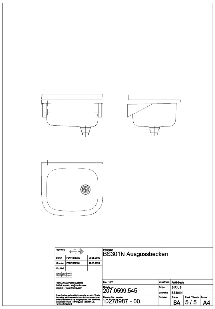 Ausgussbecken, SIRIUS, Edelstahl, 470x250x405 mm, BS301N
