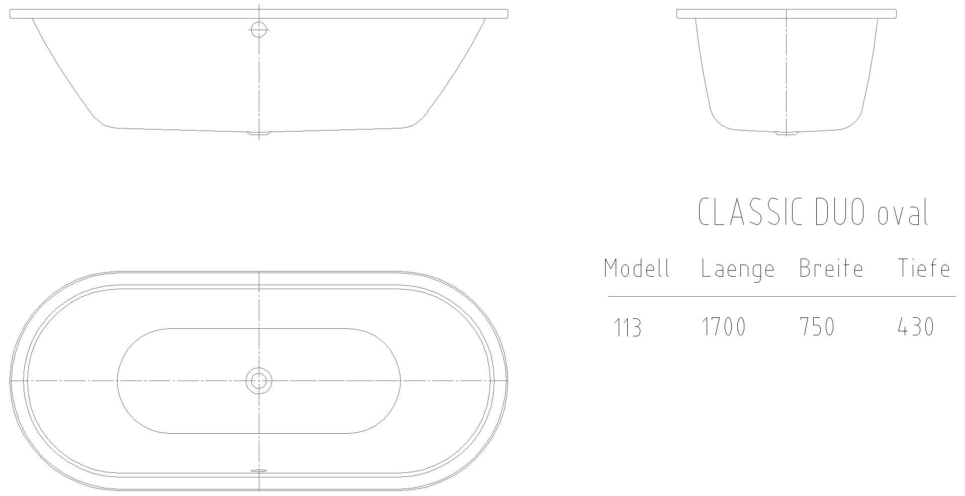 KALDEWEI CLASSIC DUO OVAL Badewanne, 1700x750 mm, Modell-Nr: 113