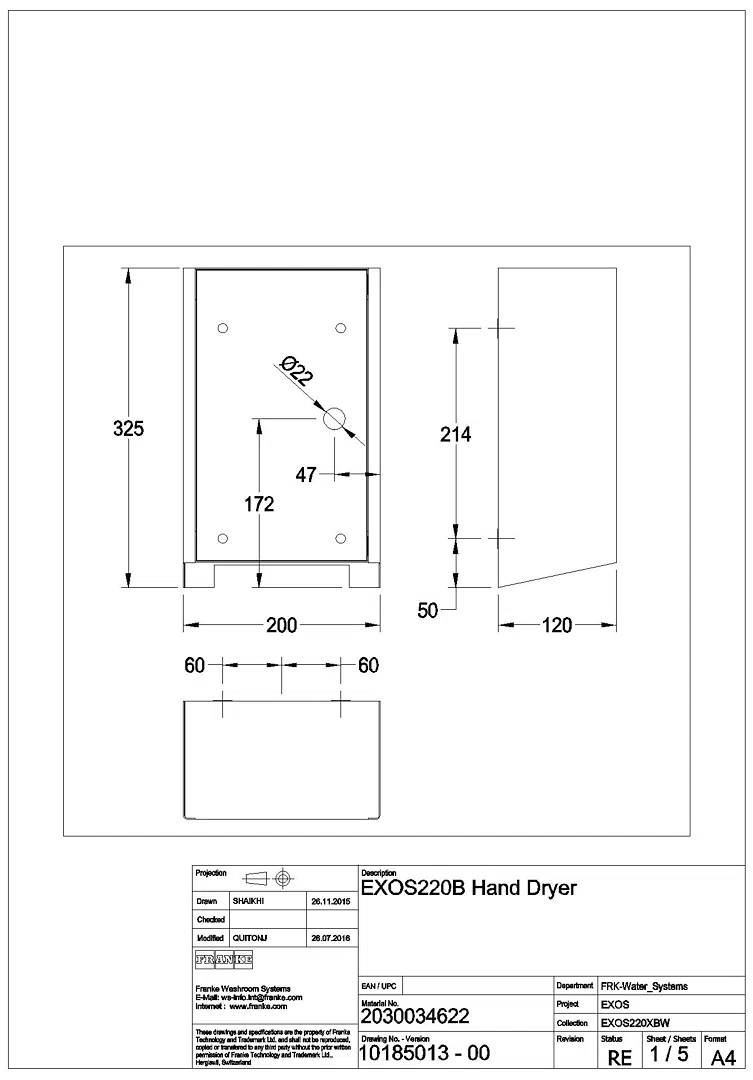 Händetrockner, EXOS, Edelstahl, IR, 200x325x120 mm, Front ESG schwarz, 230 V, EXOS220B
