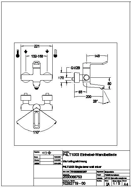 Thermostat-Wandbatterie, F4, EHM, Schwenkauslauf, 200 mm, Hebel 148 mm, F4LT1005