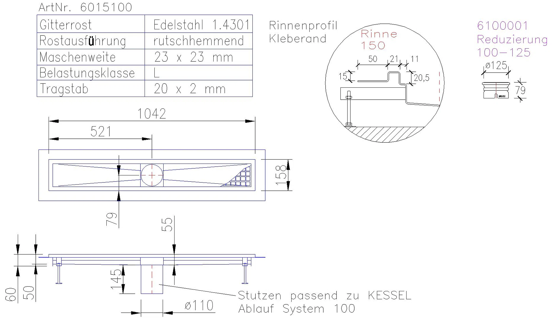 KESSEL-Kastenrinne Ferrofix Klebeflansch H: 15 mm, 153 x 1011 mm