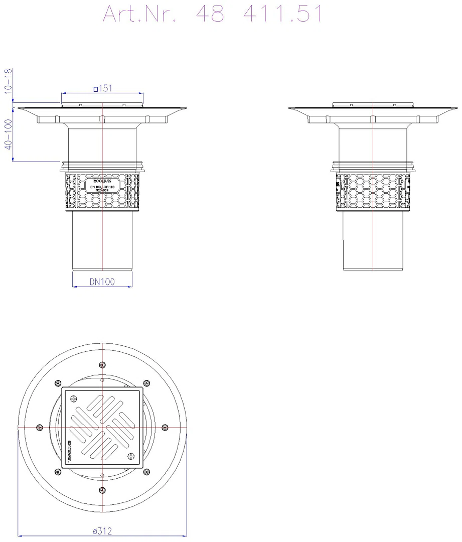 KESSEL-Boden-/Deckenablauf Ecoguss DN 100, senkr., Variofix, Schlitzrost