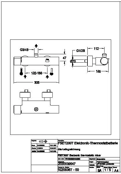 Wandbatterie, F5, elek., Thermostat, für Bogen/Duschrohr, TD, Batterie, F5ET2007