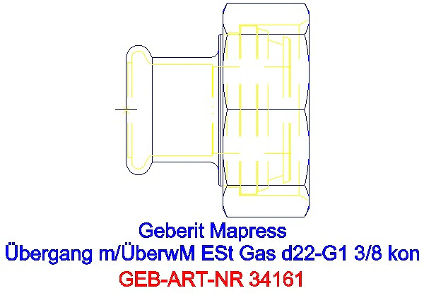 GE Mapress Edelstahl Übergang mit Überwurfmutter (Gas) d22-G1 3/8_34161_A