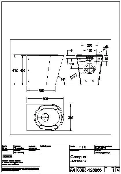 T-WC, CAMPUS, Edelstahl, wandhängend, 360x412x500 mm, Sitzbacken, S. bodenlang, CMPX597S