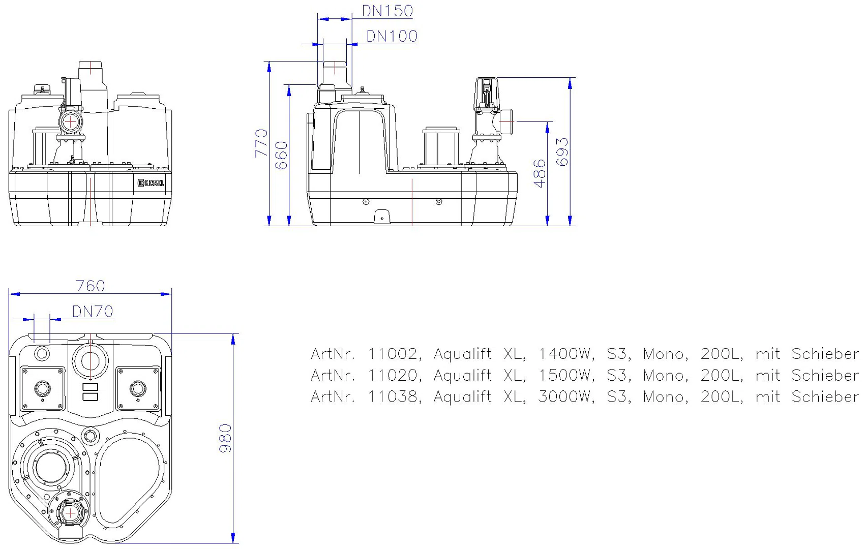 KESSEL-Hebeanlage Aqualift F XL 3000W-S3 Mono 200L m.S.