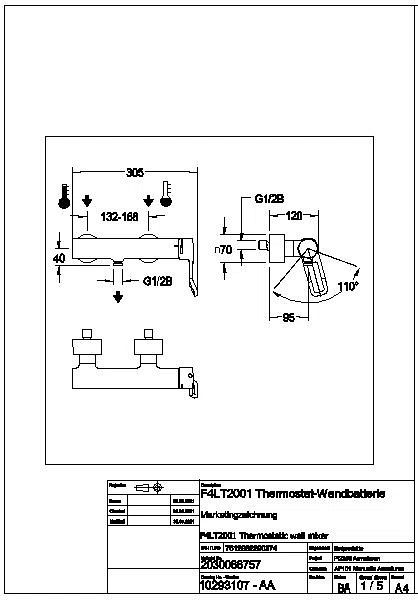 Thermostat-Wandbatterie, F4, EHM, für Handbrause, Hebel 118 mm, F4LT2003