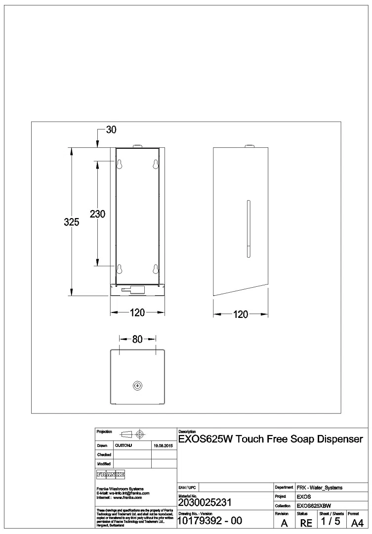 Seifensp., EXOS, elek., Edelstahl, AP, 120x325x120 mm, Front ESG weiß, EXOS625W