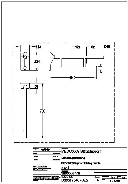 Stützklappgriff, MEDCARE, Edelstahl, grau, 113x234x700 mm, WC-Rollenhalter, MEDC0009
