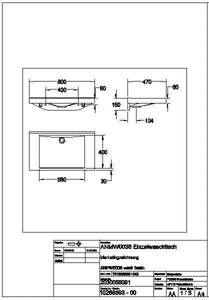 Einzelwaschtisch, QUADRO-FX, MIRANIT, 800x150x470 mm, Mulde re-eckig, ANMW0036