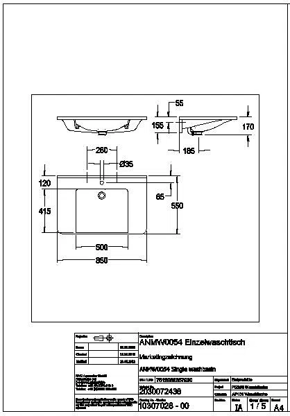 Einzelwaschtisch, MEDCARE, MIRANIT, 850x150x550 mm, weiß, Hahnloch, Überlauf, ANMW0054