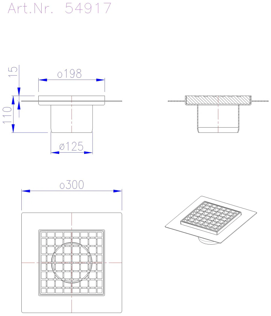 KESSEL-Aufsatzstück Ferrofix Sys 125, Klebefl., Gitterr., 200x200 mm