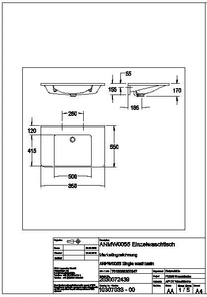 Einzelwaschtisch, MEDCARE, MIRANIT, 850x150x550 mm, weiß, Überlauf, ANMW0055