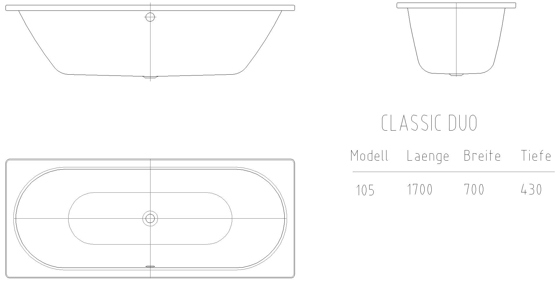KALDEWEI CLASSIC DUO Badewanne, 1700x700 mm, Modell-Nr: 105