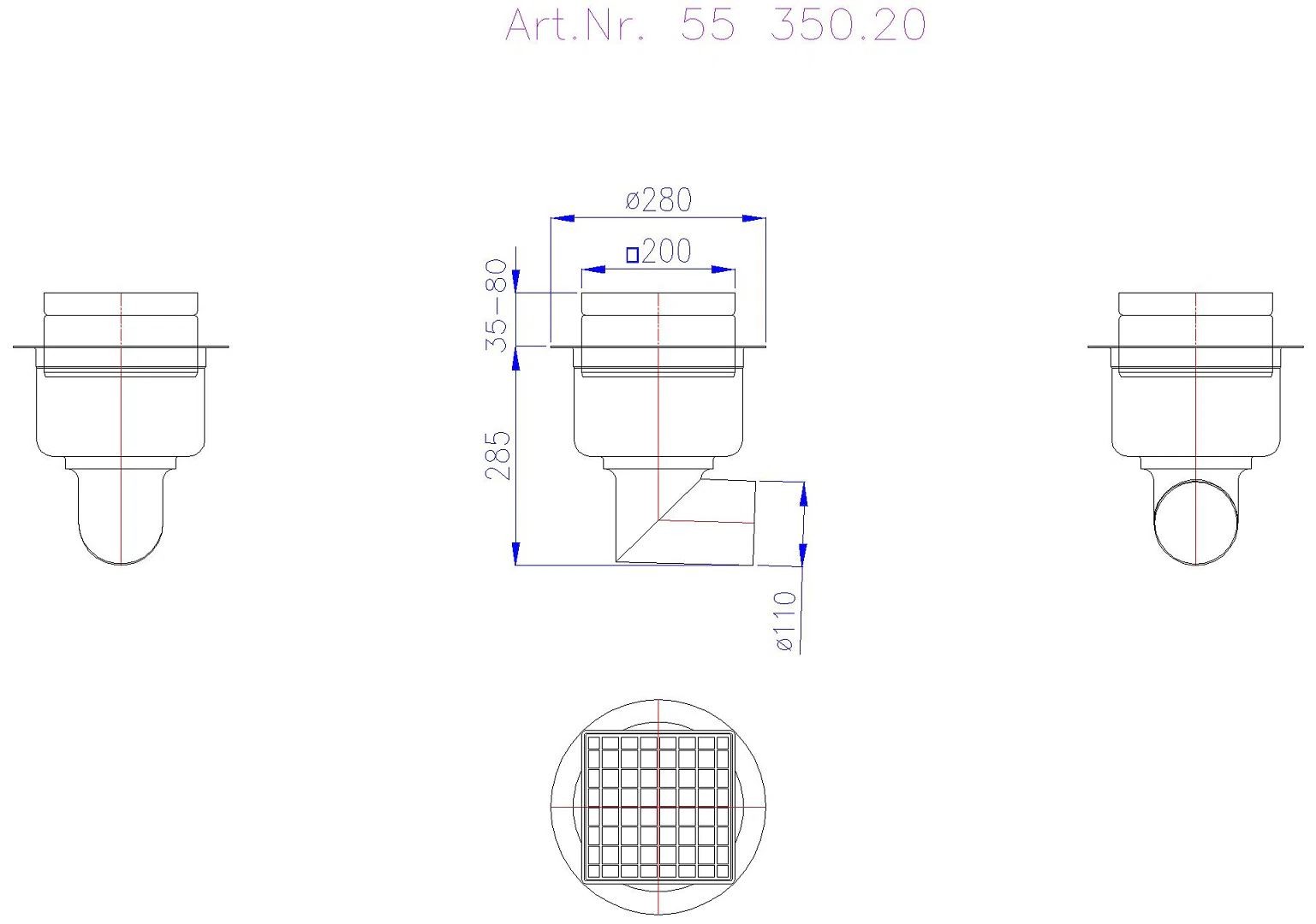 KESSEL-Ablauf Ferrofix DN100, seitl., Gitter, 190x190