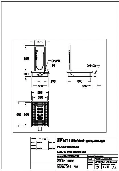 Stiefelreinigungsanlage, SIRIUS, 600x205x900 mm, Ablaufstutzen horizontal, SIRB711