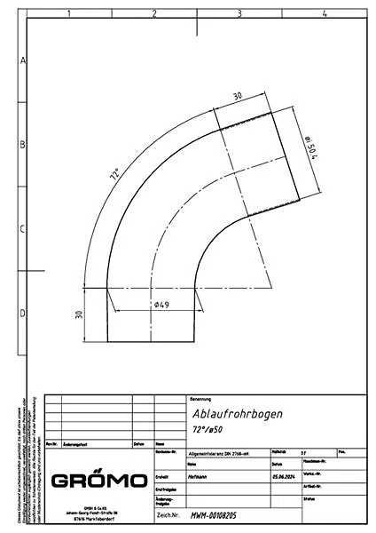 Kupfer Rohrbogen 72° ø50, #Art.Nr. 60050