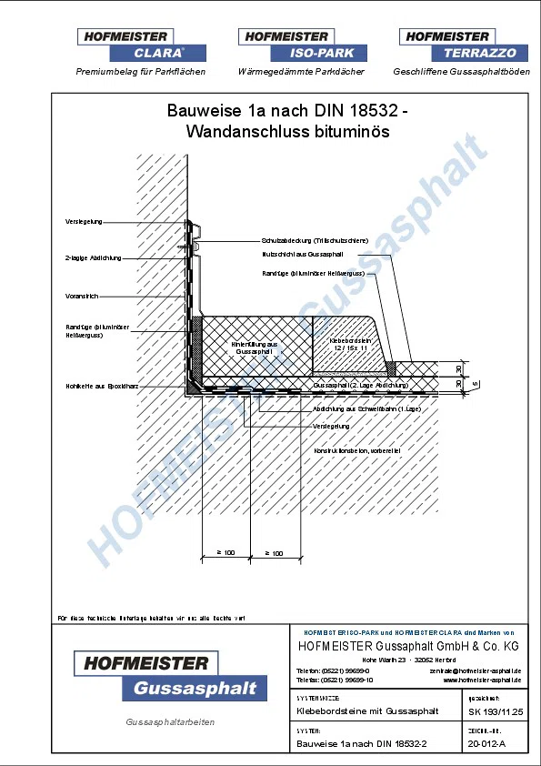 Gussasphalt Wandanschlussdetail - bituminös, Klebebordsteine mit Gussasphalt