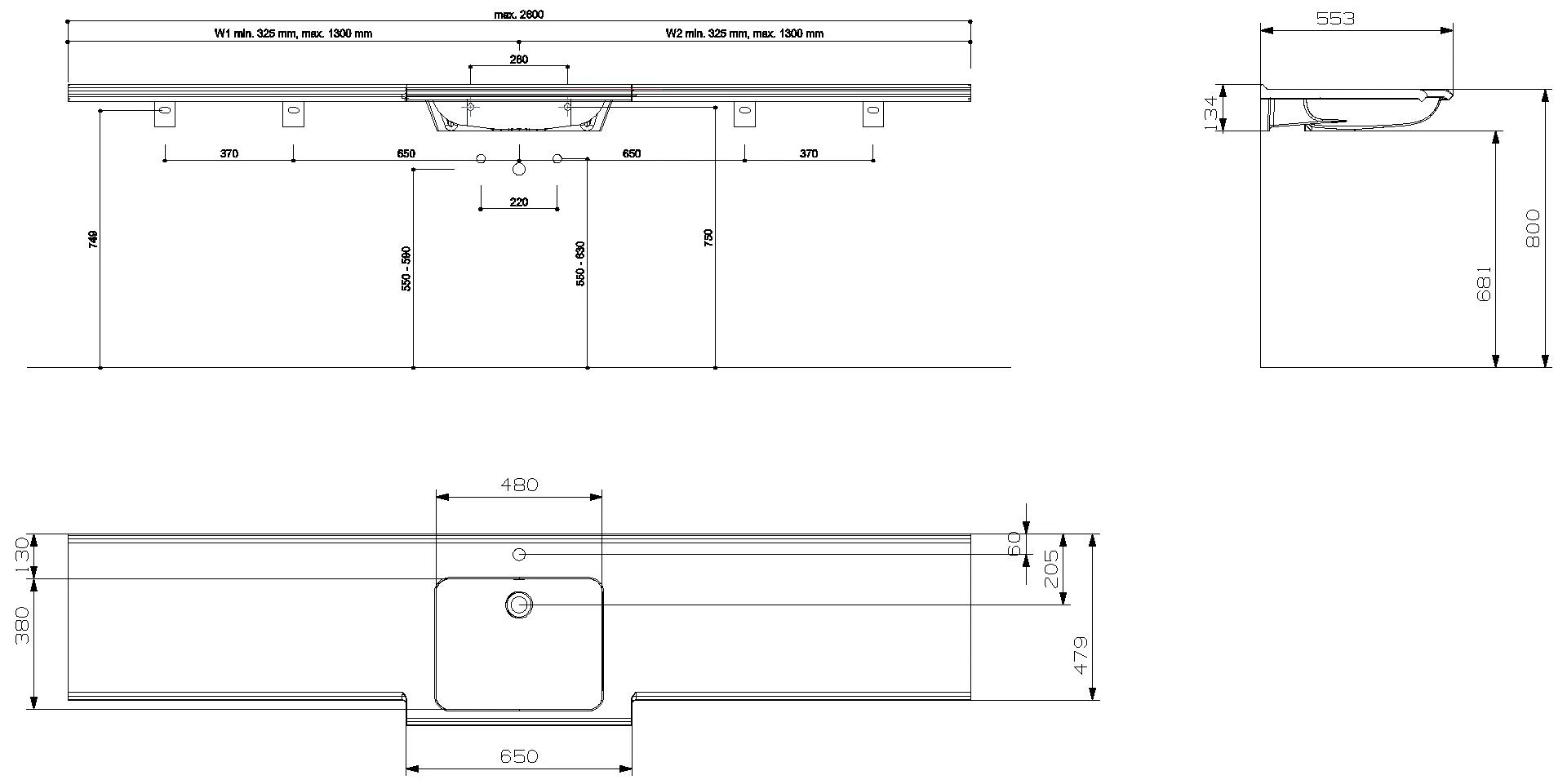 HEWI Waschtisch S-Form, modular mit Überlauf, var. 850-2600mm, 1 HL