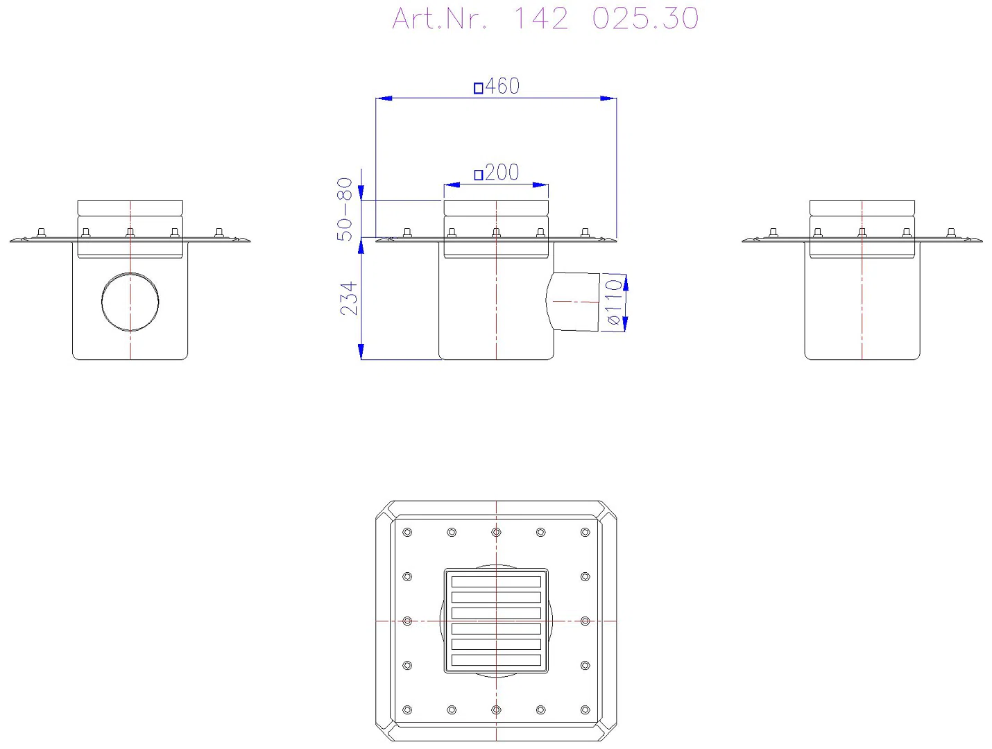 KESSEL-Ablauf Ferrofix DN 100. seitl., Stegrost 190x190mm