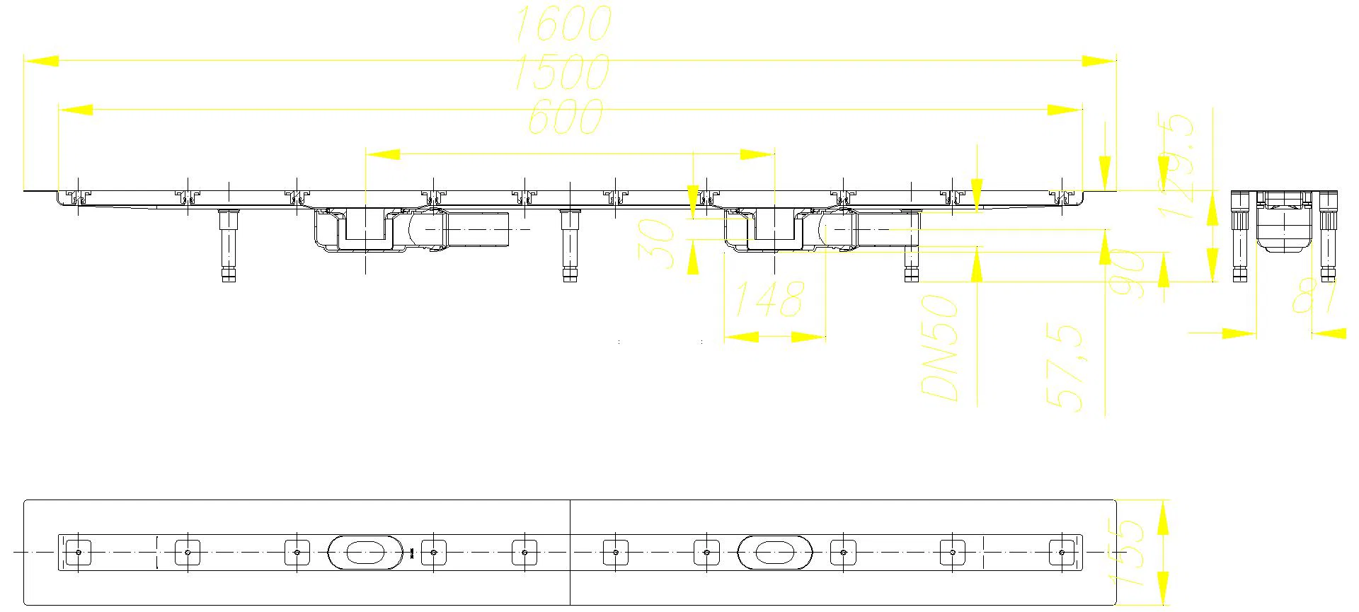 DALLMER Duschrinne CeraLine Plan F Duo 1500 mm, DN 50