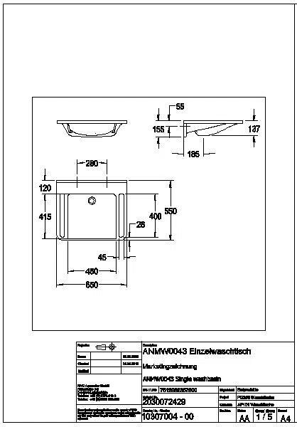 Einzelwaschtisch, MEDCARE, MIRANIT, 650x150x550 mm, weiß, Griff, ANMW0043